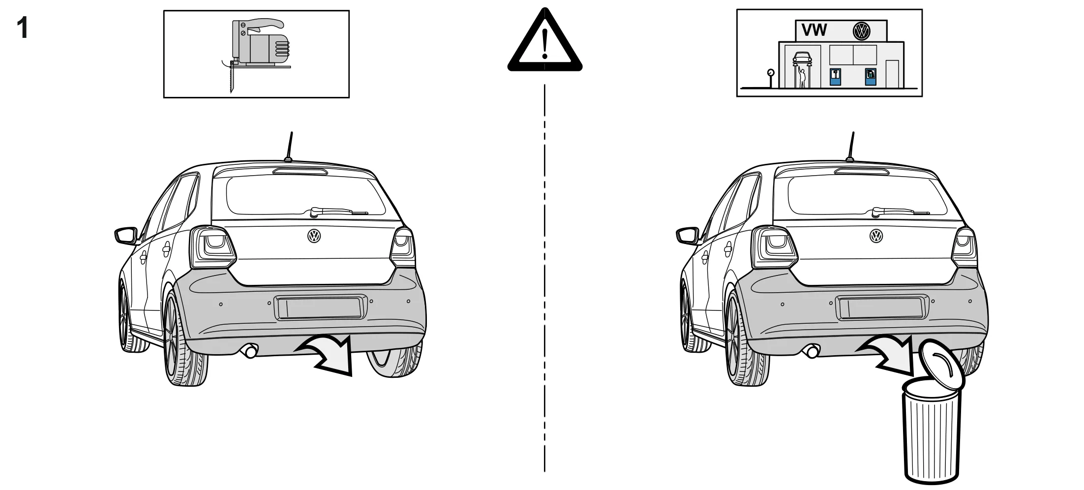 1 – Stoßfängerverkleidung hinten abnehmen. Sie wird entweder beschnitten oder durch eine neue vom VW-Partner ersetzt – siehe Schritt 7.