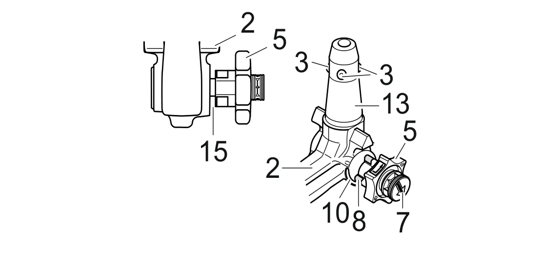 Entriegelte Stellung, abgenommen (15 – Spalt von ca. 5 mm).