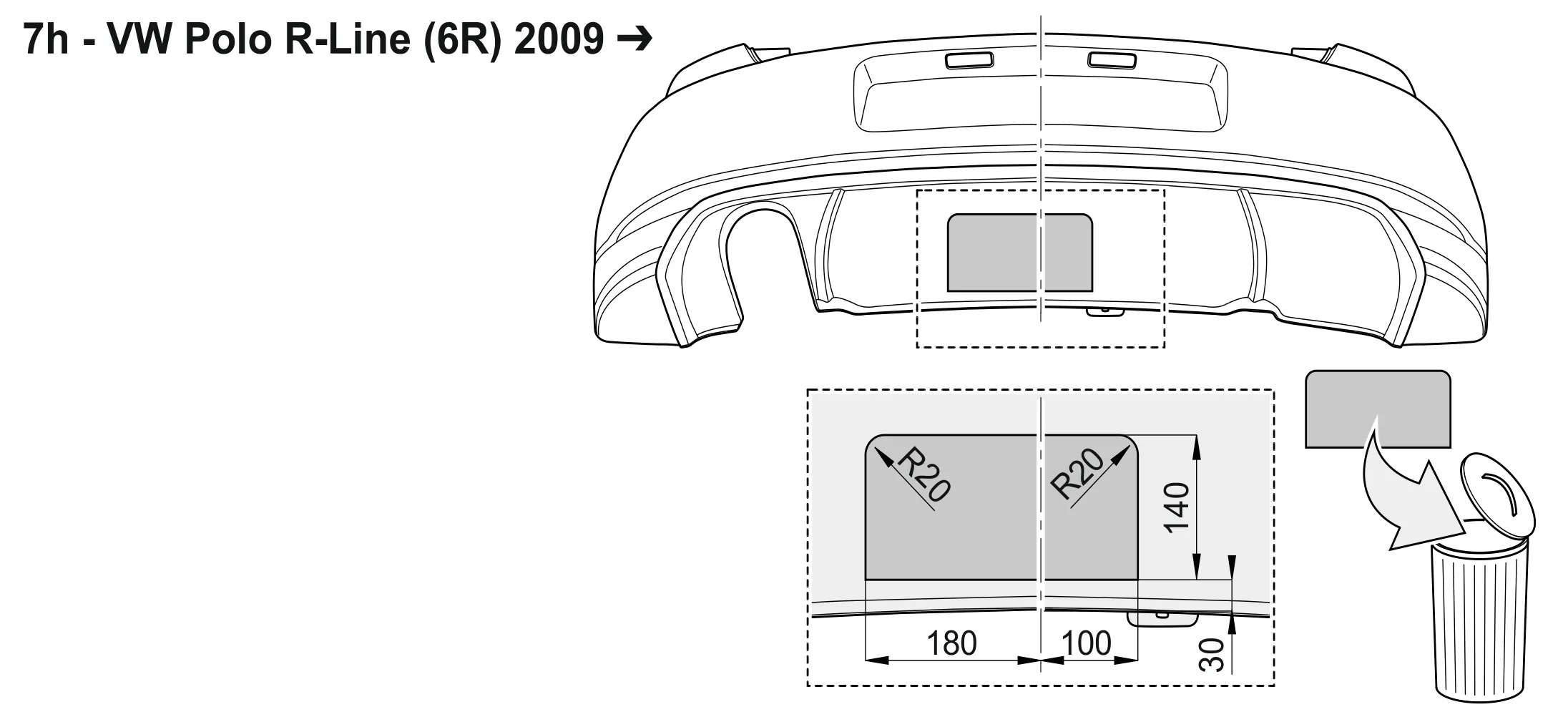 7h – VW Polo R-Line (6R) 2009→: Ausschnitt in der Stoßfängerverkleidung (Maße in mm).