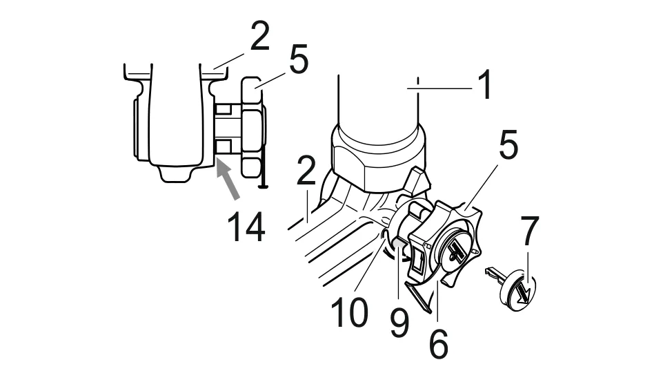 Verriegelte Stellung, Fahrbetrieb (14 – kein Spalt zwischen 2 und 5).