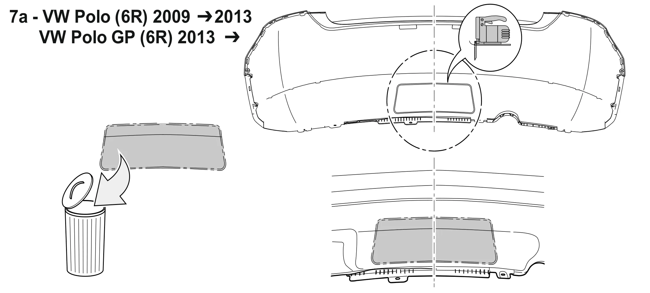 7a – VW Polo (6R) 2009–2013, VW Polo GP (6R) 2013→: markierten Bereich der Stoßfängerverkleidung ausschneiden.