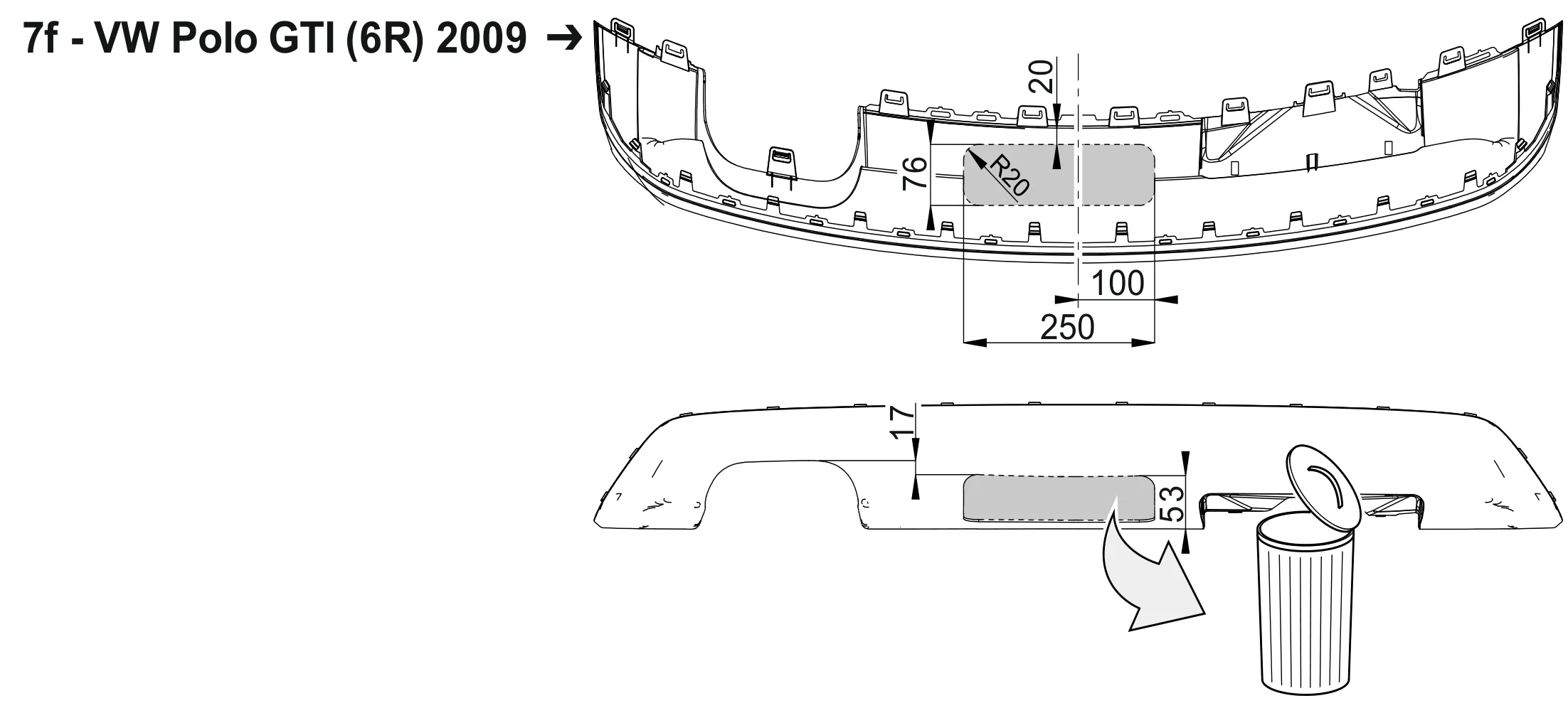 7f – VW Polo GTI (6R) 2009→: Ausschnitte in der Stoßfängerverkleidung und im unteren Teil (Maße in mm).