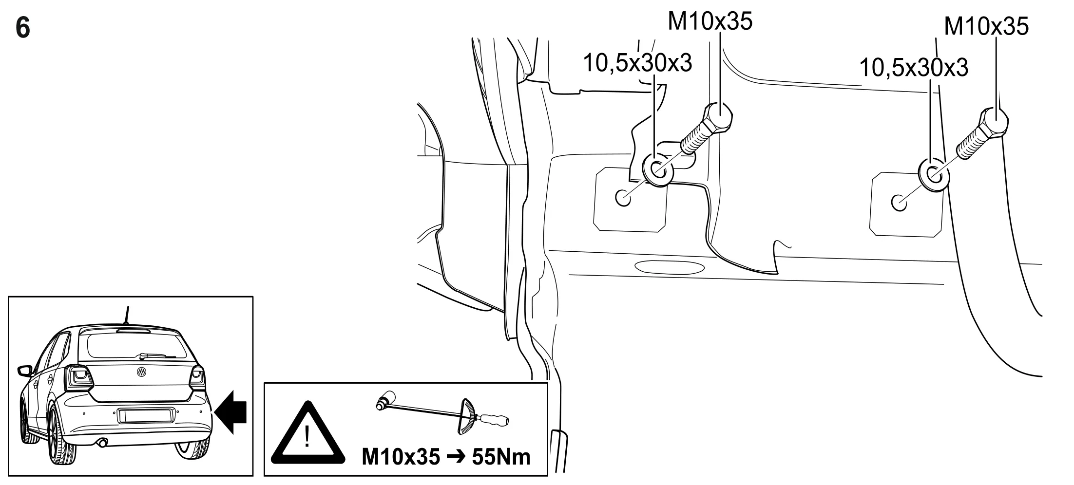 6 – Rechte Seite: Schrauben M10x35 mit U-Scheiben 10,5x30x3, Anzugsdrehmoment 55 Nm.