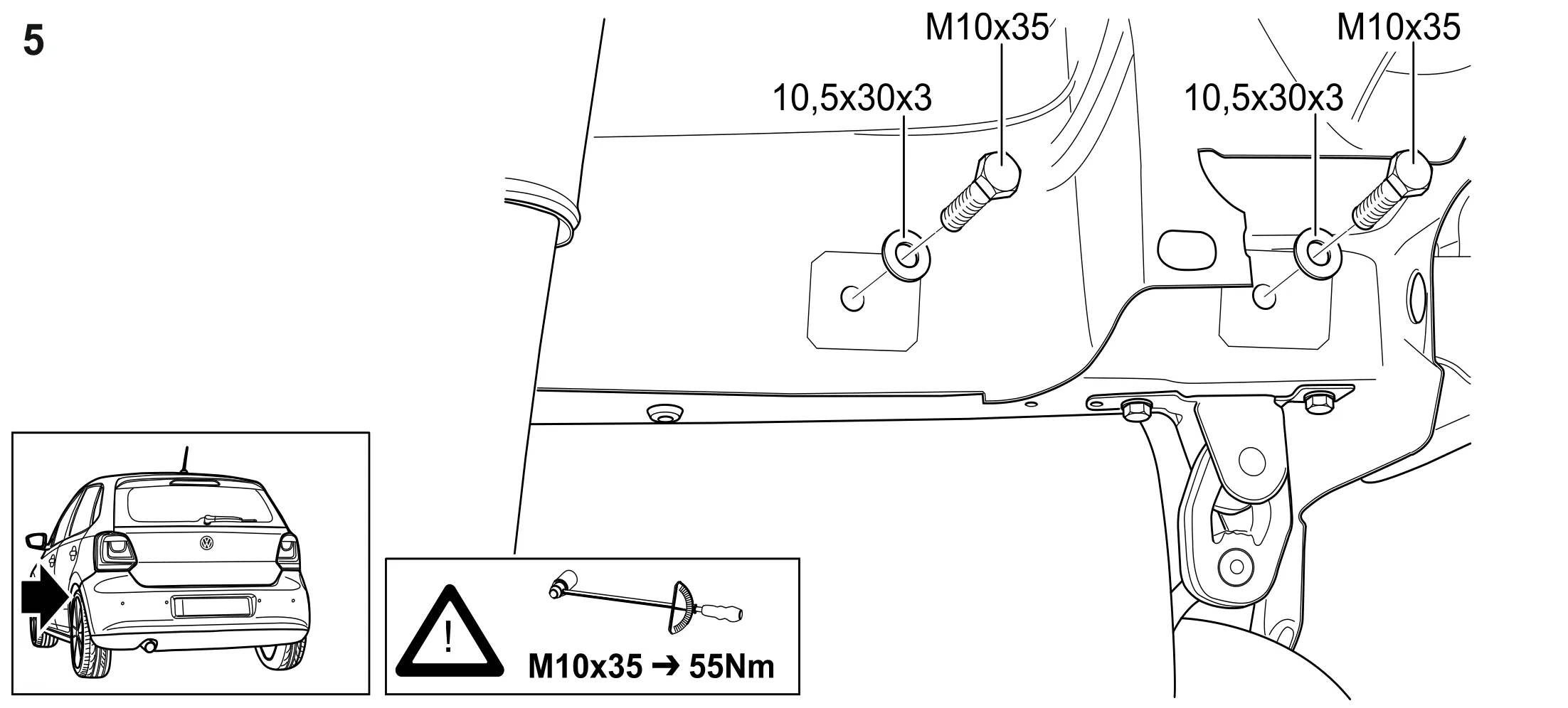 5 – Linke Seite: Schrauben M10x35 mit U-Scheiben 10,5x30x3, Anzugsdrehmoment 55 Nm.
